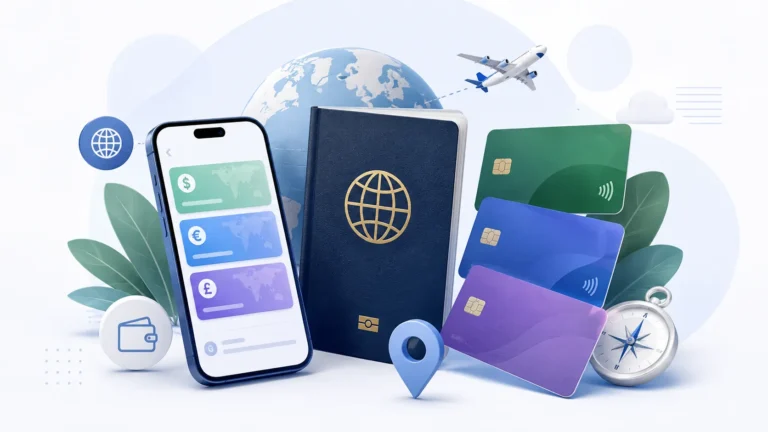 Cartões para viagem internacional ao lado de passaporte e celular