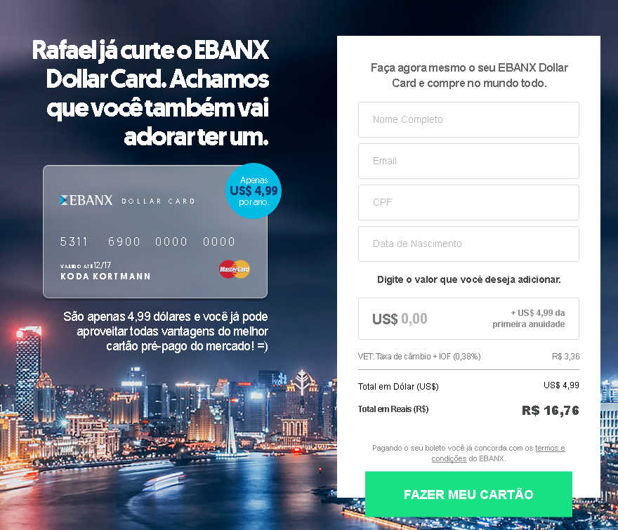 Solicitar Cartão Pré-pago Ebanx Dollar Card