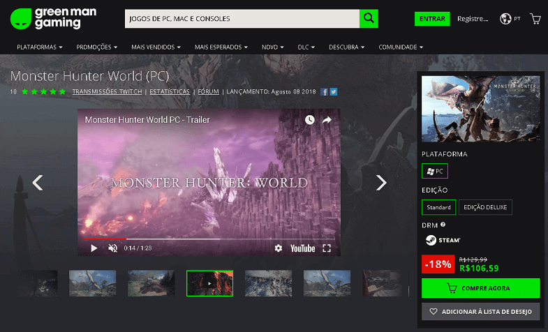 Green Man Gaming Monster Hunter World | Cartão Pré-Pago Internacional Green Man Gaming Monster hunter World - PC