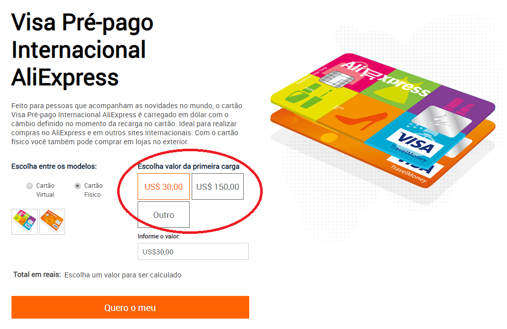 Cartão Visa Pré-pago Internacional AliExpress