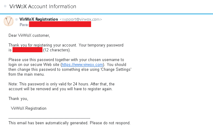VirWox criar conta registro Confirmacao E mail E-mail Confirmando criação da conta VirWox