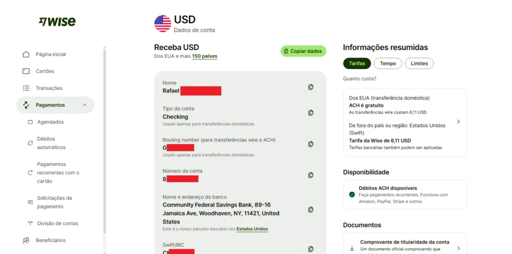 dados transferencia internacional exemplo | Cartão Pré-Pago Internacional Exemplo de Dados Bancários para Receber em Dólar da Wise