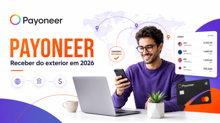 Profissional usando notebook com logo da Payoneer e mapa de pagamentos internacionais em USD, EUR e BRL