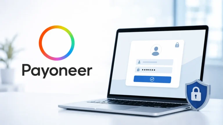 payoneer login entrar conta 2026 | Cartão Pré-Pago Internacional Logo da Payoneer ao lado de notebook com tela de login segura e escudo com cadeado