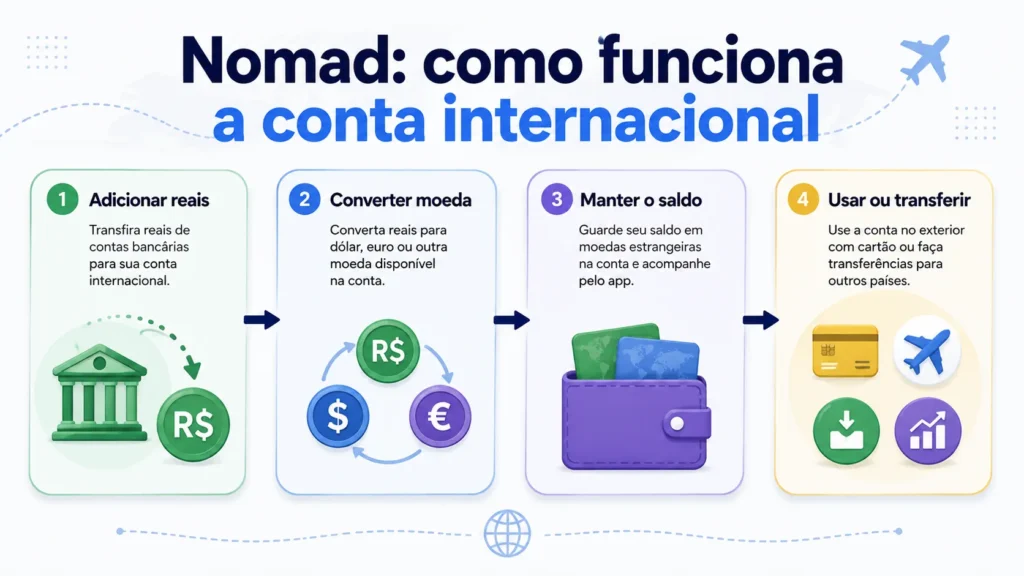 conta nomad como funciona fluxo | Cartão Pré-Pago Internacional Fluxo entre reais, saldo internacional e uso do dinheiro